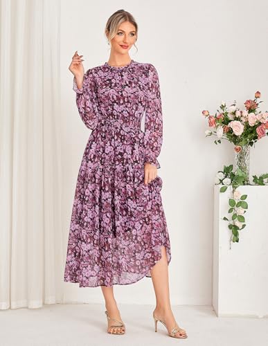GRACE KARIN Women's Long Sleeve Maxi Dress Fall 2025 Chiffon Flowy Wedding Guest Dresses Floral Tiered Dress with Pockets3
