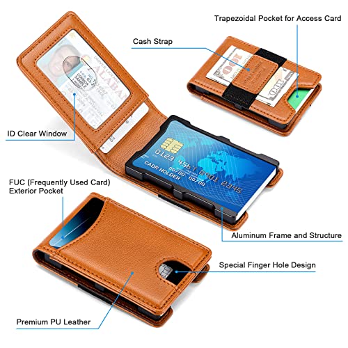 nuoku Slim Wallet for Men, Mens Wallet with Cash Strap, Bifold RFID Blocking Aluminum Credit Card Holder for Men (Brown)2