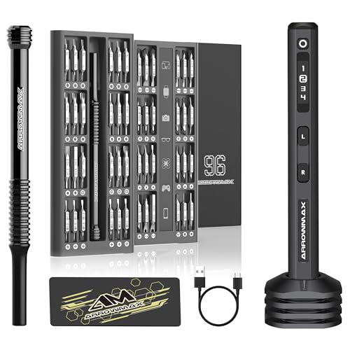 ARROWMAX eléctrico de flecha, 102 en 1 destornillador de precisión con 96 bits magnéticos, 4 modos de torque, mini destornillador inalámbrico recargable para el teléfono, (SES PLUS), negro