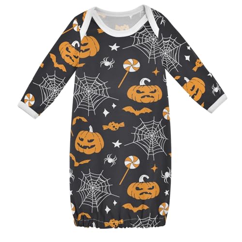 WIFIU Halloween Pumpkins Spider Webs Baby Girls Boys Sleeper Gown Cotton Nightgown Long Sleeve, Baby Nightdress Sleeping Clothes for Newborn 3-6 Months Multicolor