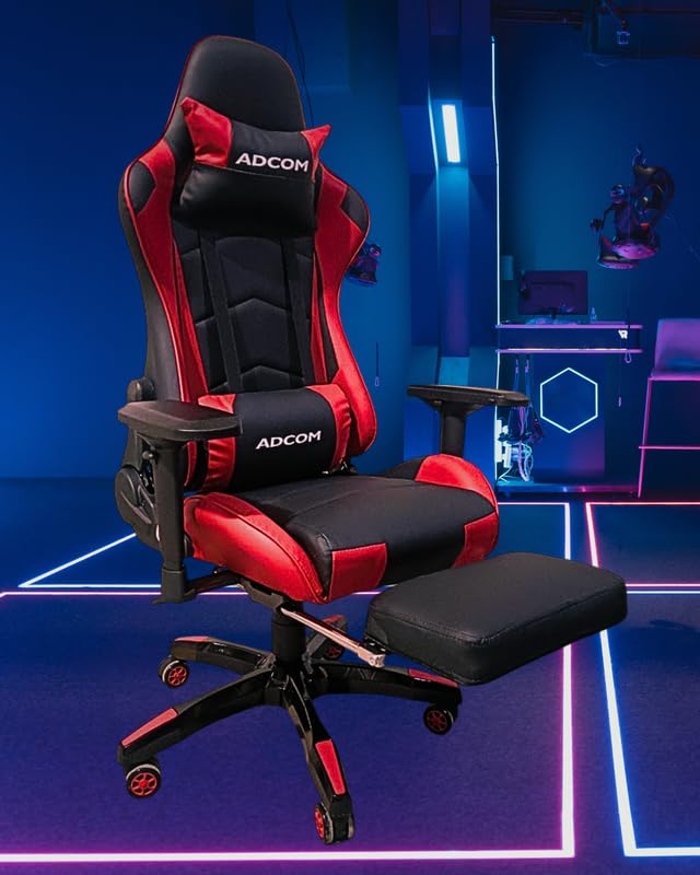 Image of Adcom Mutant Pro Ergonomic Gaming Chair with Footrest, Premium PU Leather, PVC & 180 Recline, Adjustable Neck & Lumbar Support, 4D Adjustable Armrests (Black & Red)