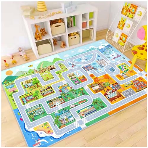 Fuzorise Town car Toy Four Seasons Road map Suitable for Bedroom, Rectangular Washable Non-Slip Kids Rug for Girls Bedroom and Boys Bedroom, Educational Area Rug for Nursery Room Classroom.