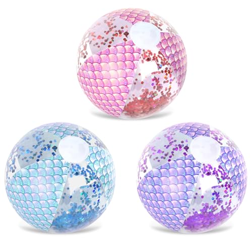 Whaline 3Pcs 16'' Mermaid Inflatable Beach Ball Glitter Pool PVC Balls Game Play Balloons for Summer Hawaiian Tropical Theme Beach Party Decorations Water Sand Game Accessory, Pink Blue Purple