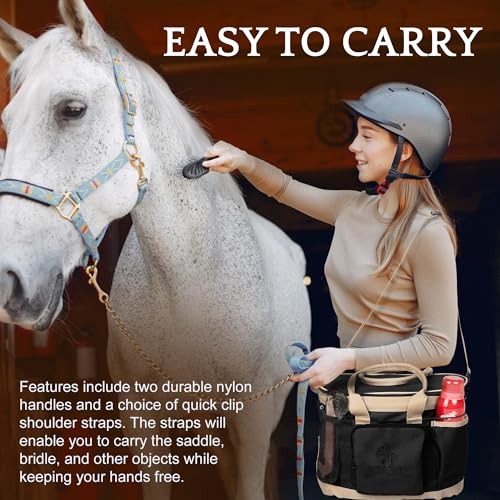 Huntley Equestrian Deluxe Grooming Bag Perfectly Designed Easy Access Multi Pocket Zipper Top Closure Double Handles Shoulder Strap Exterior Pockets - Black