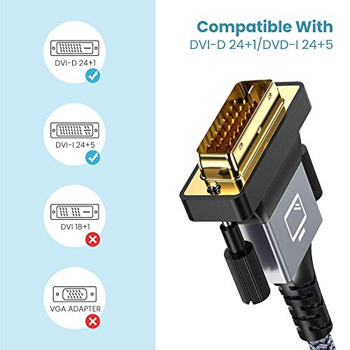 DVI to DVI Cable, Capshi DVI-D 24+1 Nylon Braid Cable 6.6FT, DVI-D to DVI-D Dual Link Cable with Ferrite Core Support 1920x1080 60HZ for Gaming, DVD, Laptop, HDTV and Projector(Grey)