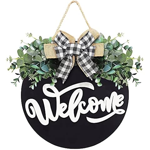 Welcome Sign for Front Door, 12 inch Welcome Wreath Front Door Decor for Home, Wooden Door Hanging Sign with Premium Greenery for Restaurant, Spring, Fall Farmhouse Decor (Black) Cover