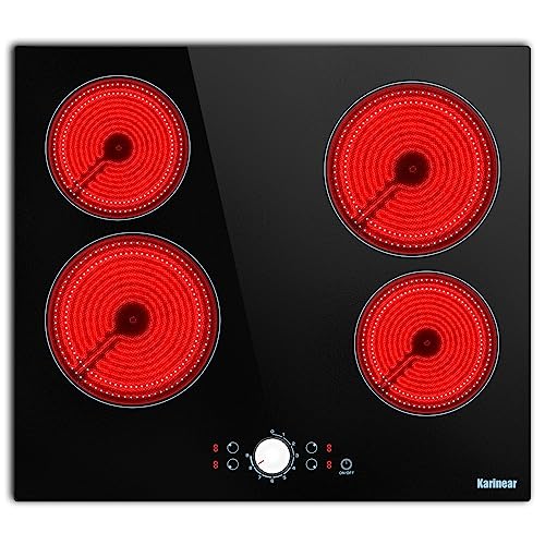 Image of Karinear 24 Inch Electric Cooktop 4 Burners Electric Stove Top, 220-240v Built-in Electric Ceramic Cooktop with Knob Control,9 Power Levels, Black Glass,No Plug