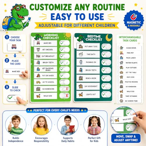 Image of Upgraded Slider Morning /Bedtime Routine Chart for Kids Toddlers - Magnetic Kids Chore Chart for 2 Kids, Dry Erase Chore Chart for Kids, Visual Schedule for Kids