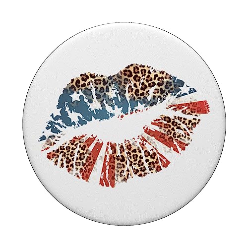 Kissing Lips Smooch Pucker Patriotic July 4th Leopard Flag PopSockets Swappable PopGrip, Black - Image 3