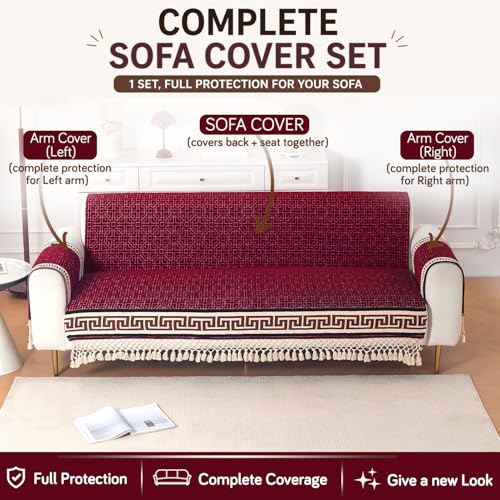 Image of HOKIPO 'Imperial Tassel Series' Thick & Soft Chenille Jacquard Sofa Cover 3 Seater Set for Seat, Back & Arms with Tassels, Royal Red (IN-1011 + IN-1012-I3*2)