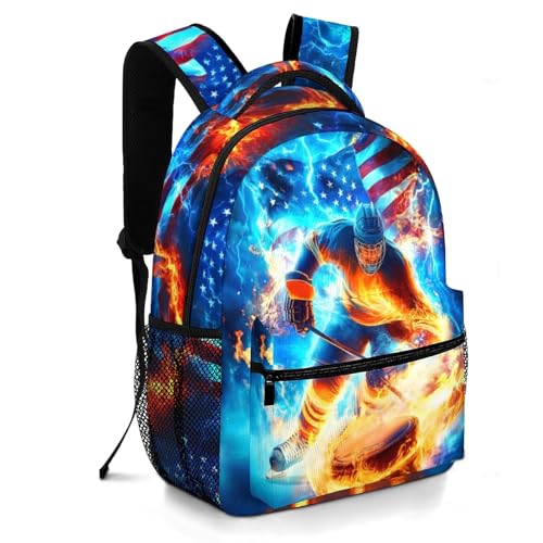 Moduyok Mochila escolar para meninos, meninos, crianças, adolescentes, ensino fundamental, alunos do ensino médio, mochila para livros de 6 a 18 anos, Hóquei no gelo, tamanho �nico