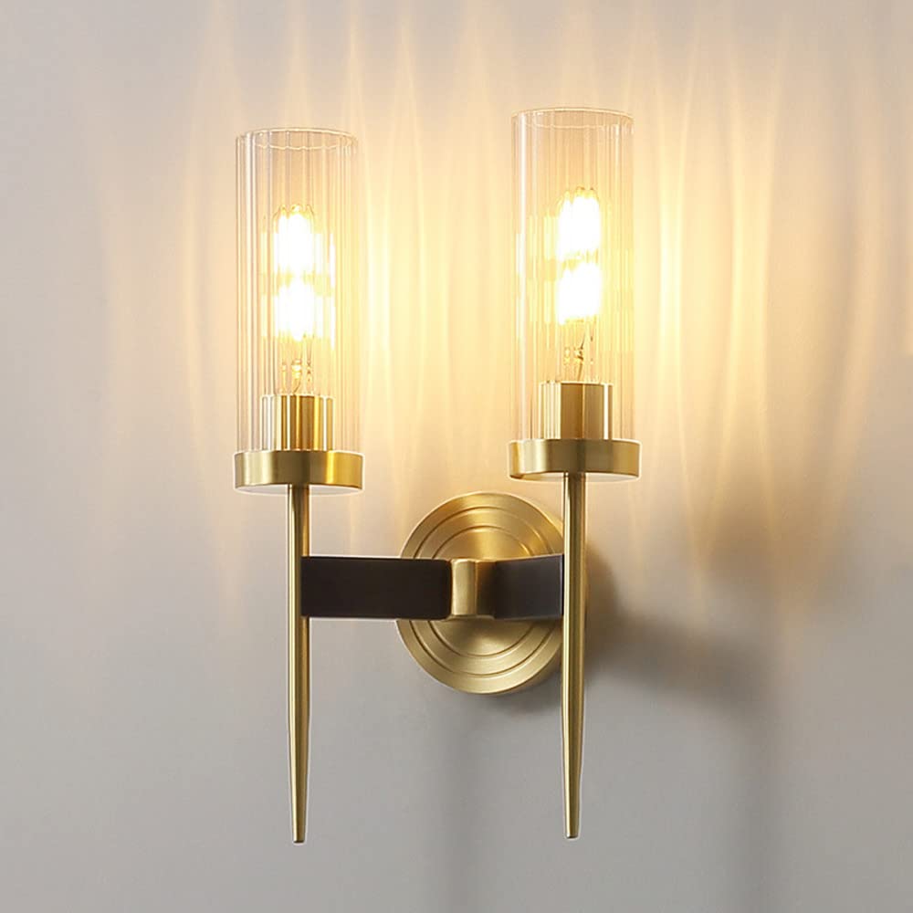 HPTHLY Brass Wall Sconce Clear Glass Wall Mount Light Home Decor Lighting Fixture E27 Hardwired Wall Lamp Living Room Bedroom Bedside Hallway Restaurant Wall(2)