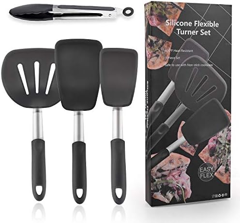 Silicone Turner Spatula Set - 600ºF Heat-Resistant Flexible Rubber Silicone Spatulas, Non-Stick Stainless Steel Cooking Utensils for Cooking Flipping Pressing Fish Pancake Eggs - 4 Pack