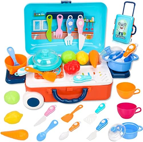 JORAKI Cucina Giochi di Ruolo,Giocattolo di Valigia 2-in-1 Portatile Plastica Pentole Finte Verdure Frutta Educativi Cognitivo Giocattoli per Bambini Compleanno Regali di Natale