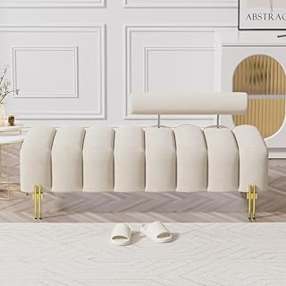 LEGACY OF COMFORT Quinn Upholstered Bench Sofa couches Ottoman Bench 2 Seater Sofa Chaise Lounger Pouffe for Living Room Bedroom Office (Off- White Velvet)-picture-10