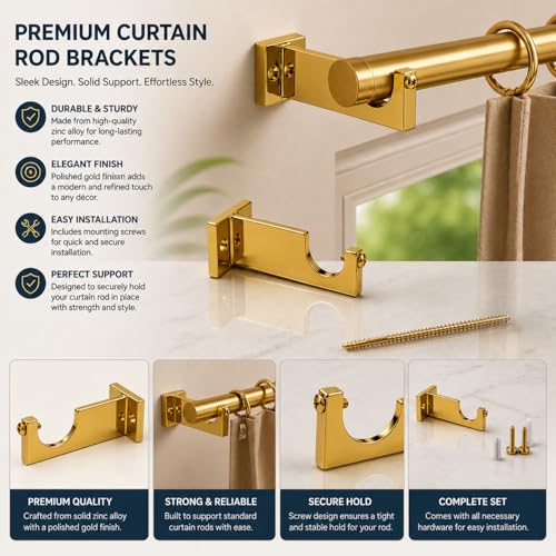 Image of Elite Aluminum Curtain Rod Brackets - Heavy-Duty Wall Mount Clamps for Curtain Rod Support for Door and Window Curtain Rods with Screw and Wall Plug - Pack of 2PCS (EliteCurve) (Gold)