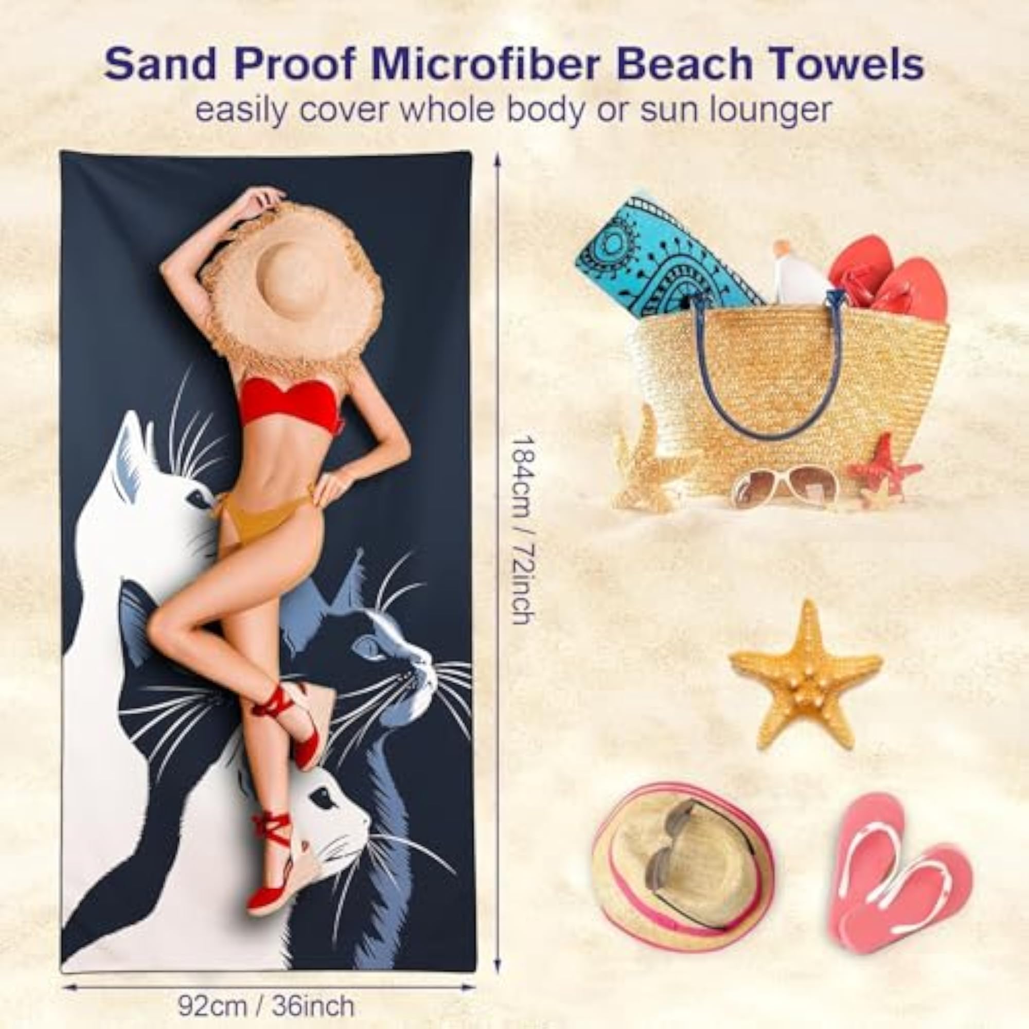 Cats Side Face Beach Towels for Adults, Extra Large