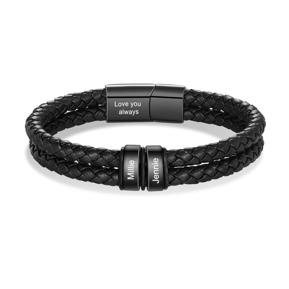Personalized Custom Name Bracelets for Men - Mens Leather Bracelet with 2-6 Family Names,Customized Bracelet Father's Day Dad Gifts for Husband Son