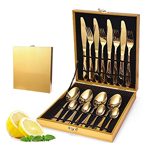 Ménagère dorée en acier inoxydable au design chic pour 4 personnes