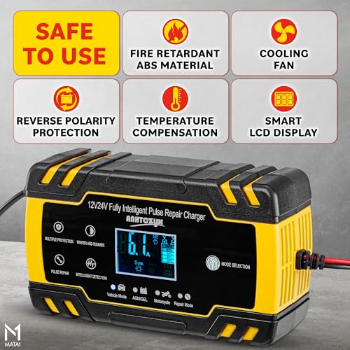 Mata1 Car Battery Charger (12V / 8A, 24V / 4A), Automotive Trickle Charger for Lead Acid Batteries, LCD Display w/ 4 Charging Modes, Automobile Maintainer for Car, Motorcycle, Truck & Mower