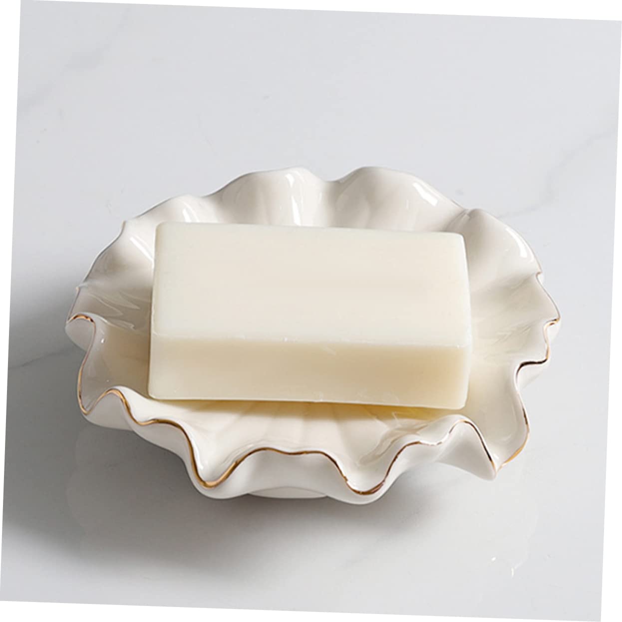 Jabonera de Cerámica Color Marfil Hoja de Loto Borde Dorado | Baño y Aseo, Acabado Simple y Delicado, Resistente a Decoloración y Óxido