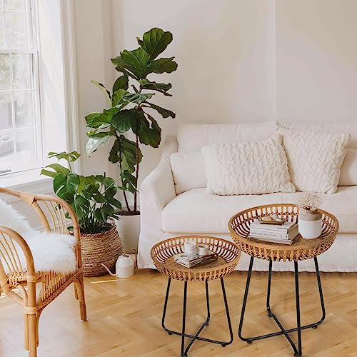 Oakrain Rattan Side Table Nesting Tables Set Of 2, Bamboo Round Table Coffee Table Metal Base End Table For Boho Living Room, Sofa, Bedroom, Terrace, Accent Table(20.47Inch) #TOP6