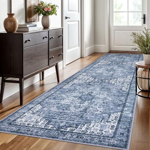 SIILOOM 3x10 Washable Rug for Entrance, Blue Soft Printed Area