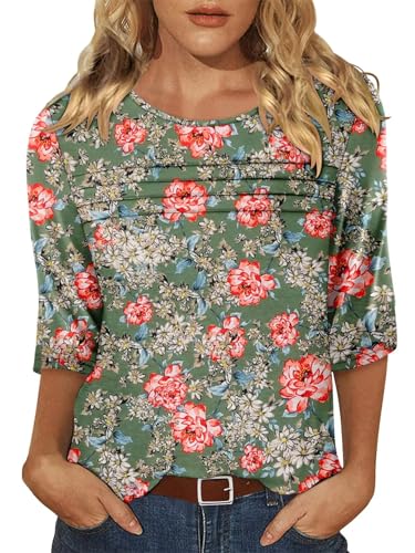 KISSMODA Women's Casual 3/4 Sleeve T-Shirts Round Neck Cute Tunic Tops Basic/Pleated Summer Tops Trendy Spring Blouses