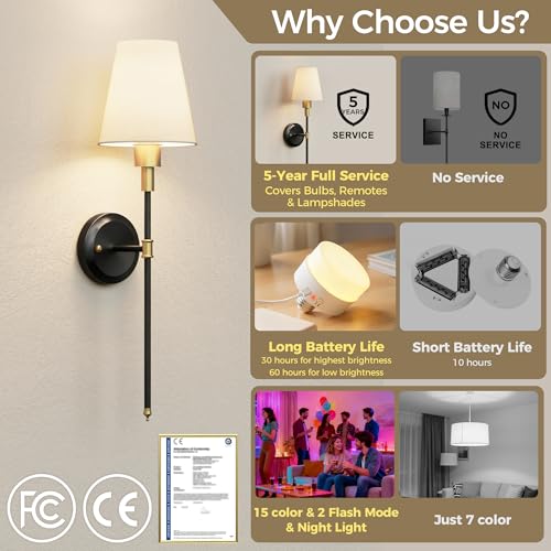 Image of DORESshop Battery Operated Wall Sconce Set of 2, Wireless Wall Light Easy to Install, 7 Color Rechargeable Wall Sconces, Sconce Wall Decor Set of 2 for Bedroom, Living Room, Gold and Black, 24.6in