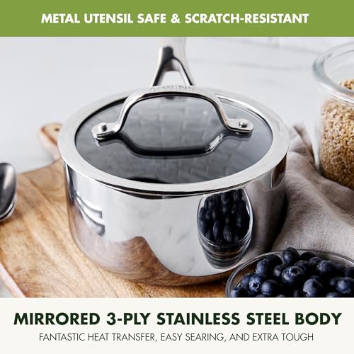 Image of GreenPan Valencia Pro Tri-Ply Stainless Steel 1.5QT Saucepan with Lid, Healthy Ceramic Nonstick PFAS-Free PFOA-Free Coating, Multi Clad Cookware, Induction, Dishwasher Oven and Broiler Safe