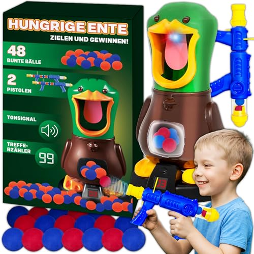 KRUMAD Hungry Duck Spielzeug ab 3 Jahre, Geschicklichkeitsspiel mit 2 Pistolen und 48 Schaumstoffbällen, Lustiges Spiel für Kinder, Geschenk 3 Jahre Junge, Kindergeburtstag Spiele