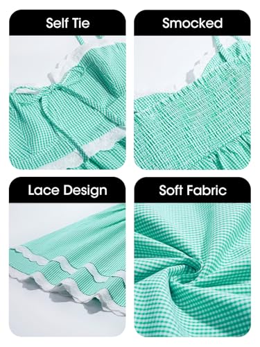 Image of Wenrine Womens Summer Mini Dress Spaghetti Strap Sweetheart Y2K Plaid Lace Trim Tiered Beach Sundress Dresses