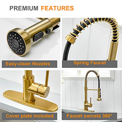 Hoimpro Brushed Gold High Arc Spring Kitchen Faucet With Pull Down Sprayer, Commercial Rv Single Lever Kitchen Sink Faucet,3 Function Single Handle Laundry Faucet, Brass/Brushed Gold (1 Or 3 Hole) #TOP4