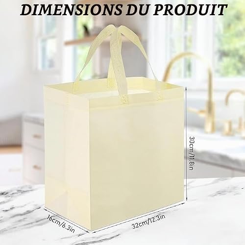 SWHCM 50 Sacs réutilisables en vrac, 32 x 16 x 30 cm, sacs de courses en tissu non tissé avec poignées, pliables pour magasins fêtes commerce de détail - beige – vue 4