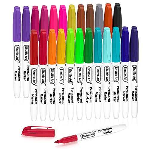 Shuttle Art Permanent Markers, 24 Colors Fine Point Assorted Colors Permanent Marker Set, Works on Plastic,Wood,Stone,Metal and Glass for Doodling, Coloring, Marking 24 Colors 1 Count (Pack 