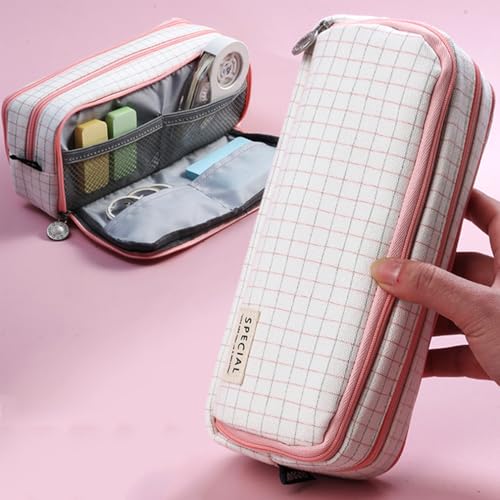 Image of iSuperb Large Pencil Case Big Capacity Pencil Pouch 3 Compartments Pen Bag Canvas Marker Pen Bag for Teen Boys Girls School Students (Plaid Pink)