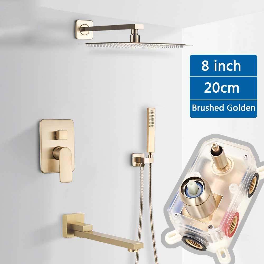Wall Mounted Dual Head Shower Faucet With Tub Spout, Complete Pressure Balance Brushed Gold Tub Shower System Wth Hand Shower - View #7