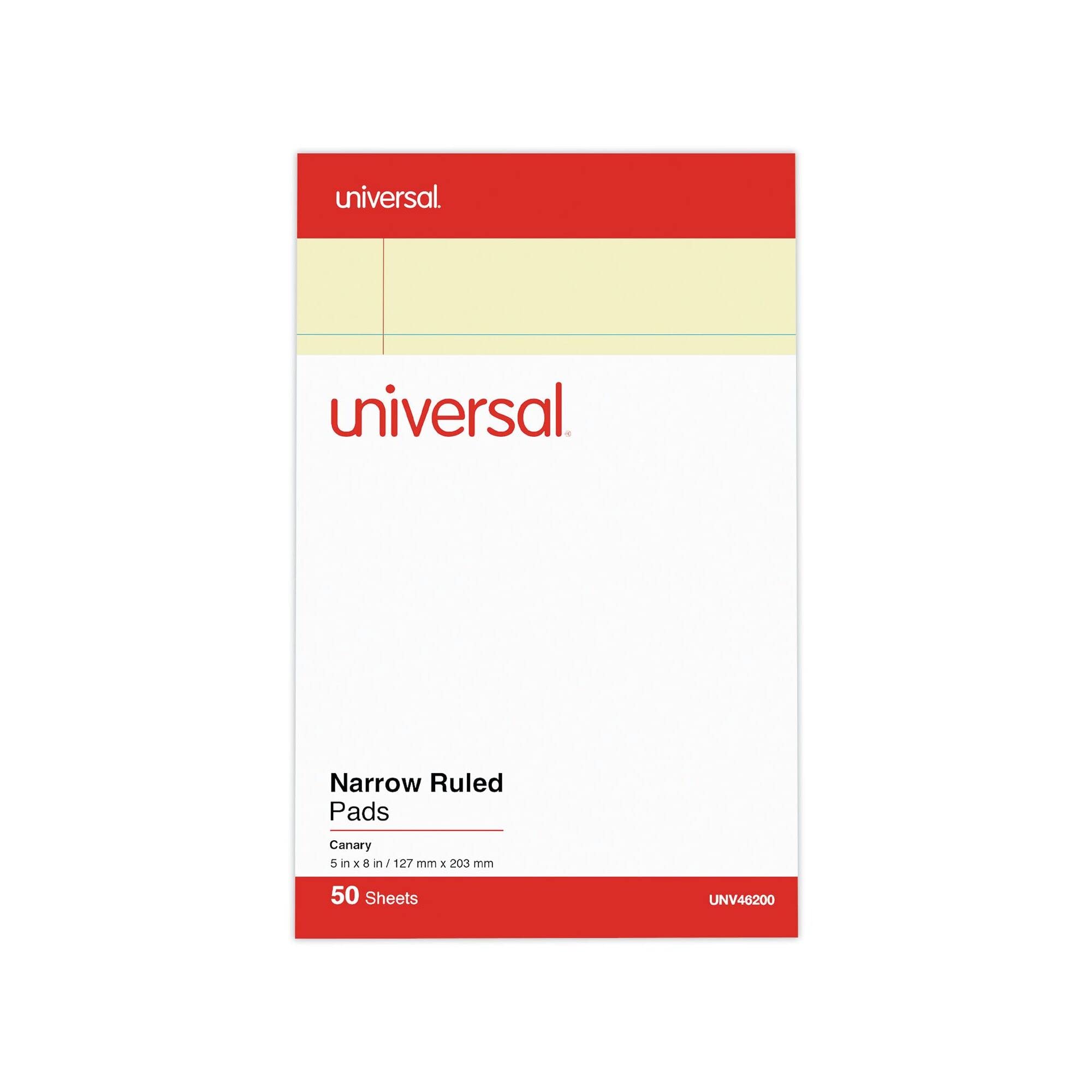 Universal 46200 Perforated Edge Writing Pad Narrow Rule 5 x 8 Canary 50 Sheet Pack of 12