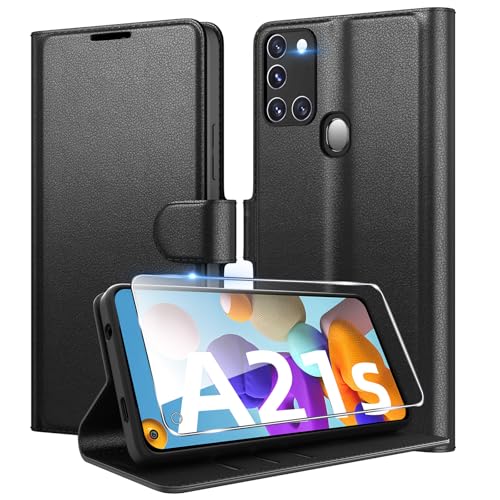 Eirltiy Coque pour Samsung Galaxy A21s en Premium Cuir PU, Portefeuille Housse Etui pour Cartes Protection Anti-Choc Flip Case avec 1 Verre Trempé Noir