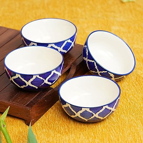 Image of Ceramic Hand Crafted Dessert /Dinner /Pudding /Maggie Bowls (Blue and White 180 ml) | Set of 4 Bowls | Microwave Safe Bowls