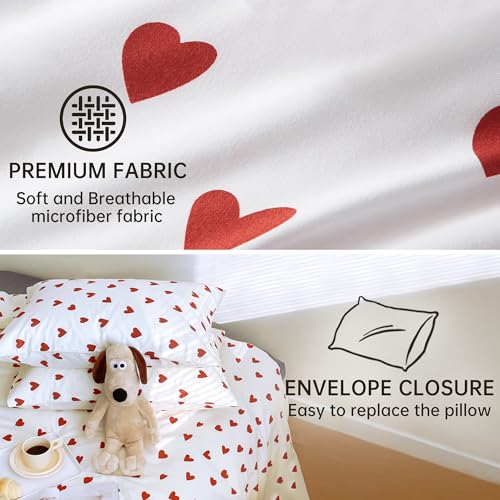 Image of BOLINLIVING Cute Duvet Cover King Size, White 3 Pieces Duvet Cover with Red Heart-Shaped Print,Soft Breathable Microfiber Bedding Set for All Season with Zipper Closure and Corner Ties