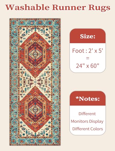 SERISSA Boho Washable Runner Rug, 2x5 Rug Runner Non-Slip Vintage Orange Hallway Kitchen Runner Rug Ultra Soft Print Distressed Tribal Floor Carpet Runner for Bedroom Bathroom Laundry Living Room