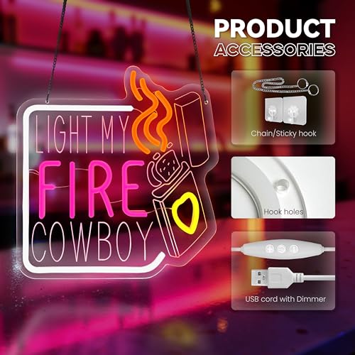 Image of LIGHT MY FIRE COWBOY Neon Sign, Valentine's Day Neon Signs for Wall Decor, Dimmable Acrylic Neon Lights for Room Bedroom Hotel Bar Pub Club Party Decorations, Perfect Gifts