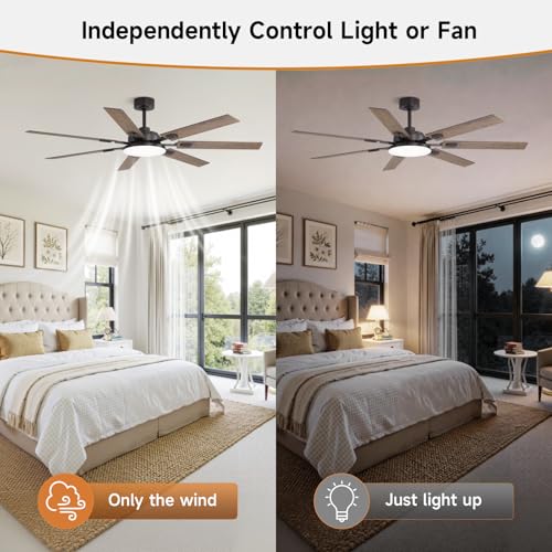 Image of 64 Inch Ceiling Fans with Lights and Remote, Bedroom Living Room Office Library Cafe Outdoor Industrial, 5CCT Dimmable, Dual Color 7 Blades, 6 Speed Reversible Quiet DC Motor, Brown /Wood Grain