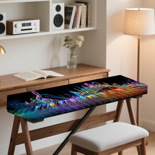 Image of Nuxovilar Stretchy 88 Keys Keyboard Piano Dust Cover, Dust | Proof Elastic Milk Silk with Colorful Sound Wave Visuals for Digital Pianos