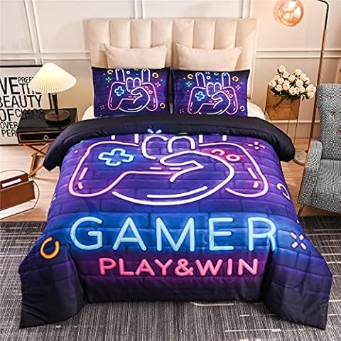 NTBED Gamer Gamepad Comforter Set for Boys Girls Kids 3D Gaming Lightweight Microfiber Bedding Sets (Queen, Purple) Cover