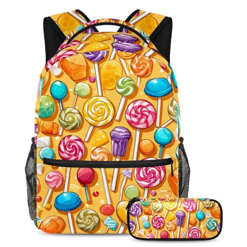 Sac à dos et trousse scolaire multicolore motif bonbon jaune grand volume 40cm