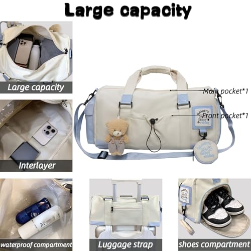 Kawaii Travel Duffel Bag with Cute Accessories Nylon Tote Gym Casual Crossbody Shoulder Weekender Overnight Bag (Blue)4