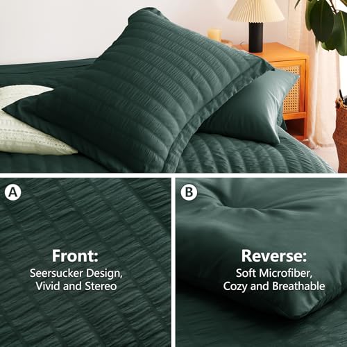 Image of CozyLux Oversized Queen Comforter Set with Sheets, 7 Pieces 98 inchx98 inch Forest Green Seersucker Bed in a Bag, Soft Bedding Set with Down Alternative Comforter, Sheets, Pillowcases & Shams, Bedroom Bed Set