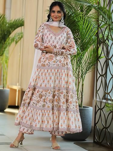Image of Libas Women Cotton Off White Printed A Line Kurta With Palazzos Dupatta | daily wear suit